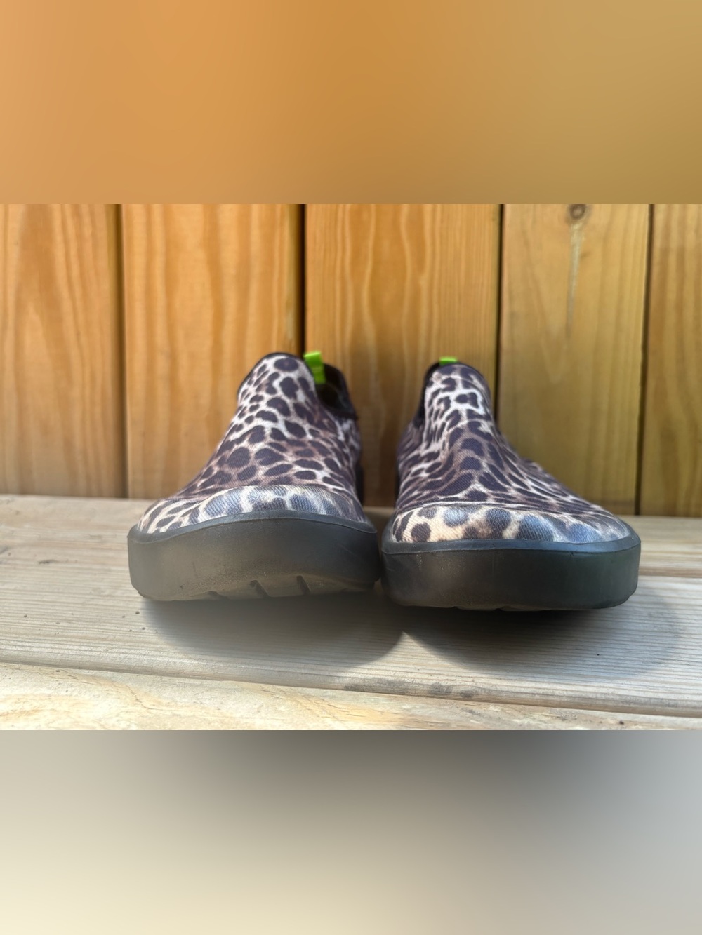 OOFOS Leopard Print Slip-On Shoes with Neon Green Insole - Picture 7 of 10